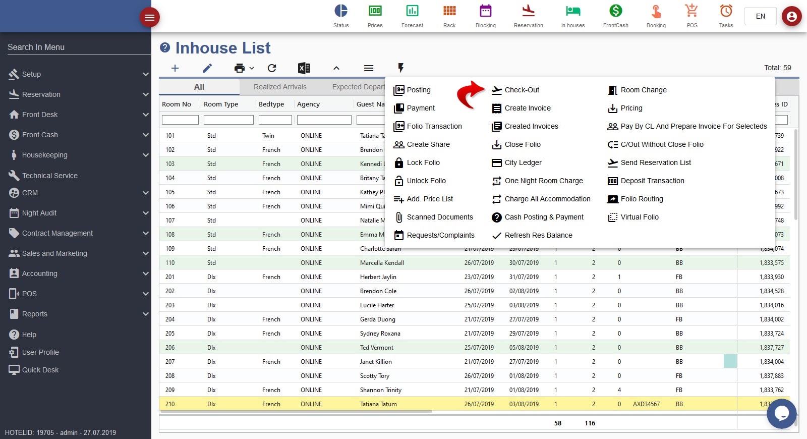 Hotel Managment Software hotel management inhouse list checkout