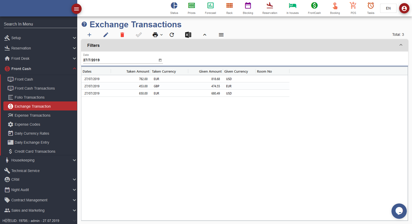 Hotel Managment Software front cash exchange transactions