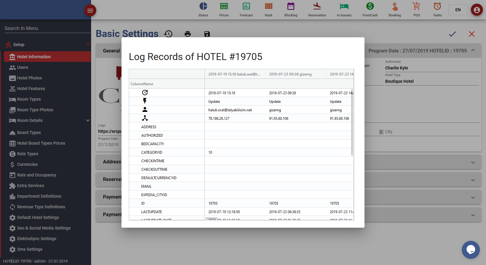 Hotel Managment Software hotel user logs and records