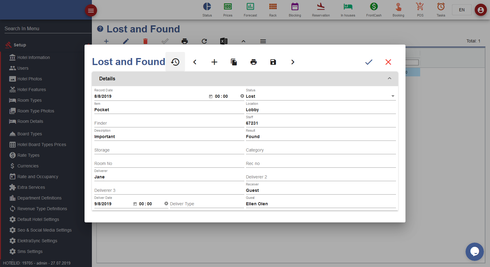 Hotel Managment Software hotel software Lost and Found screen