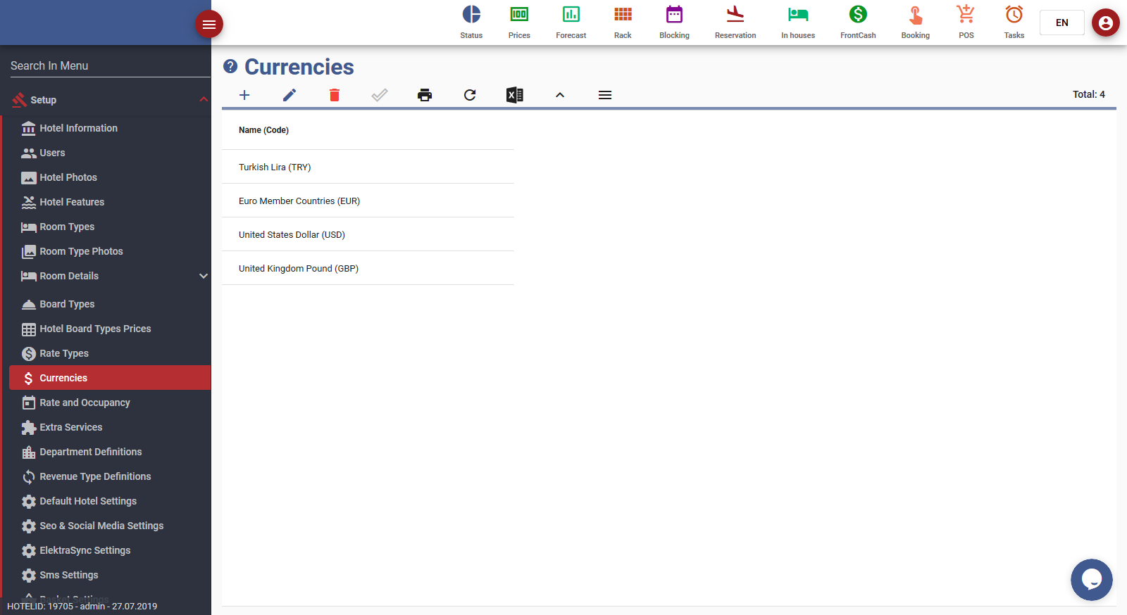 Hotel Managment Software Hotel Software Currencies screen
