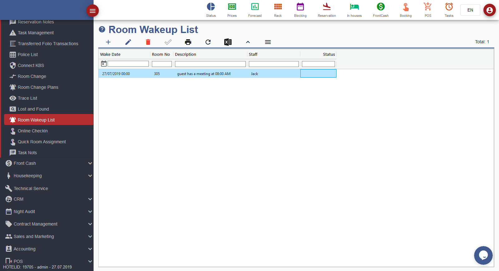 Hotel Managment Software hotel software room wake up list